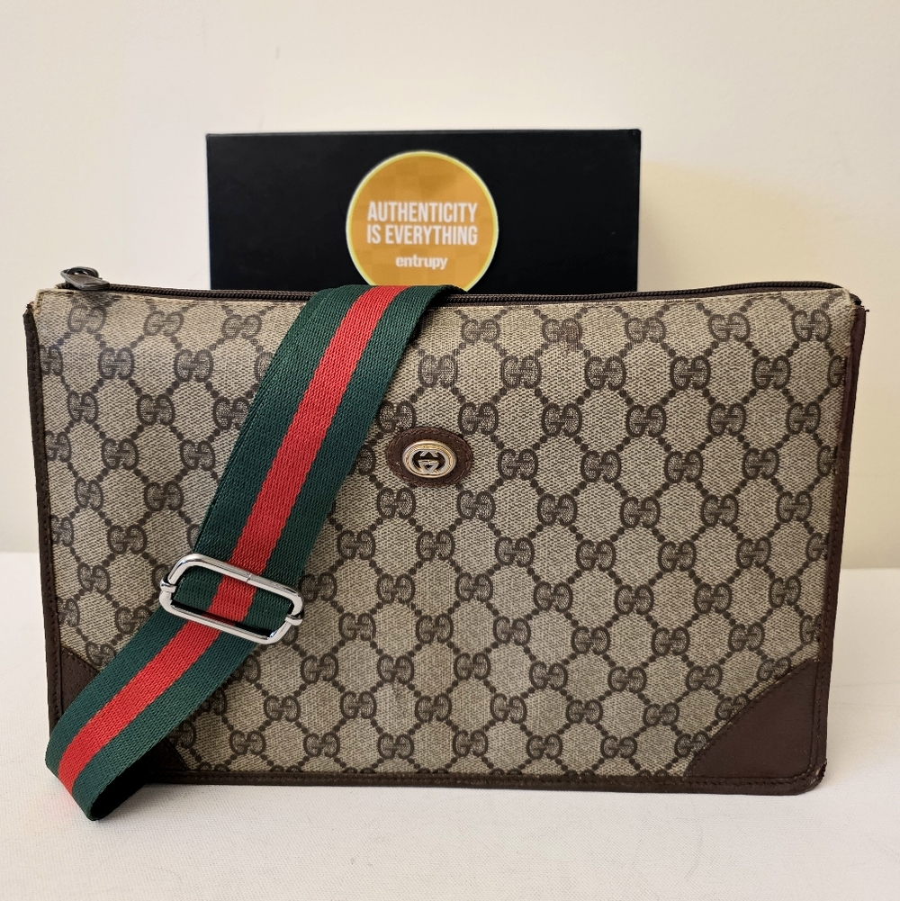 Gucci GG Supreme Zip Bag Clutch Pouch Crossbody Strap Vintage